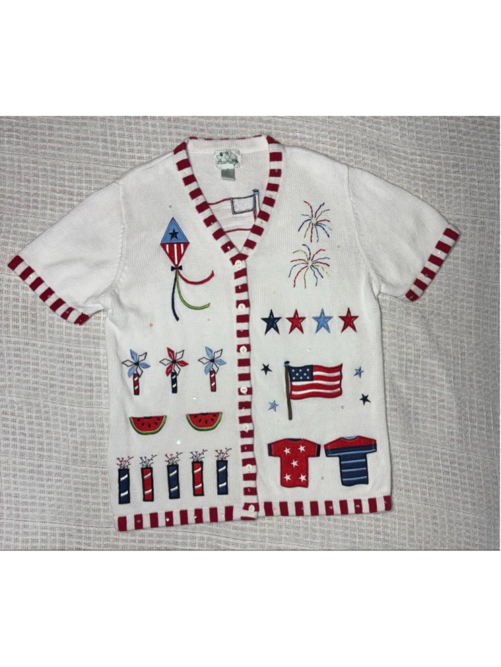 Vtg Quacker Factory grandmacore 4th of July American Patriotic Knit Cardigan EUC - Picture 2 of 7